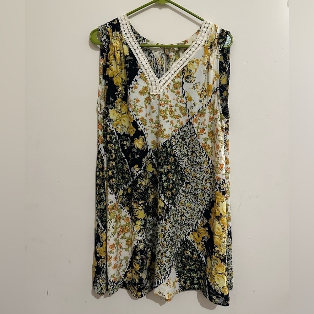 Umgee Small Yellow Floral Patchwork Boho Sleeveless Tunic